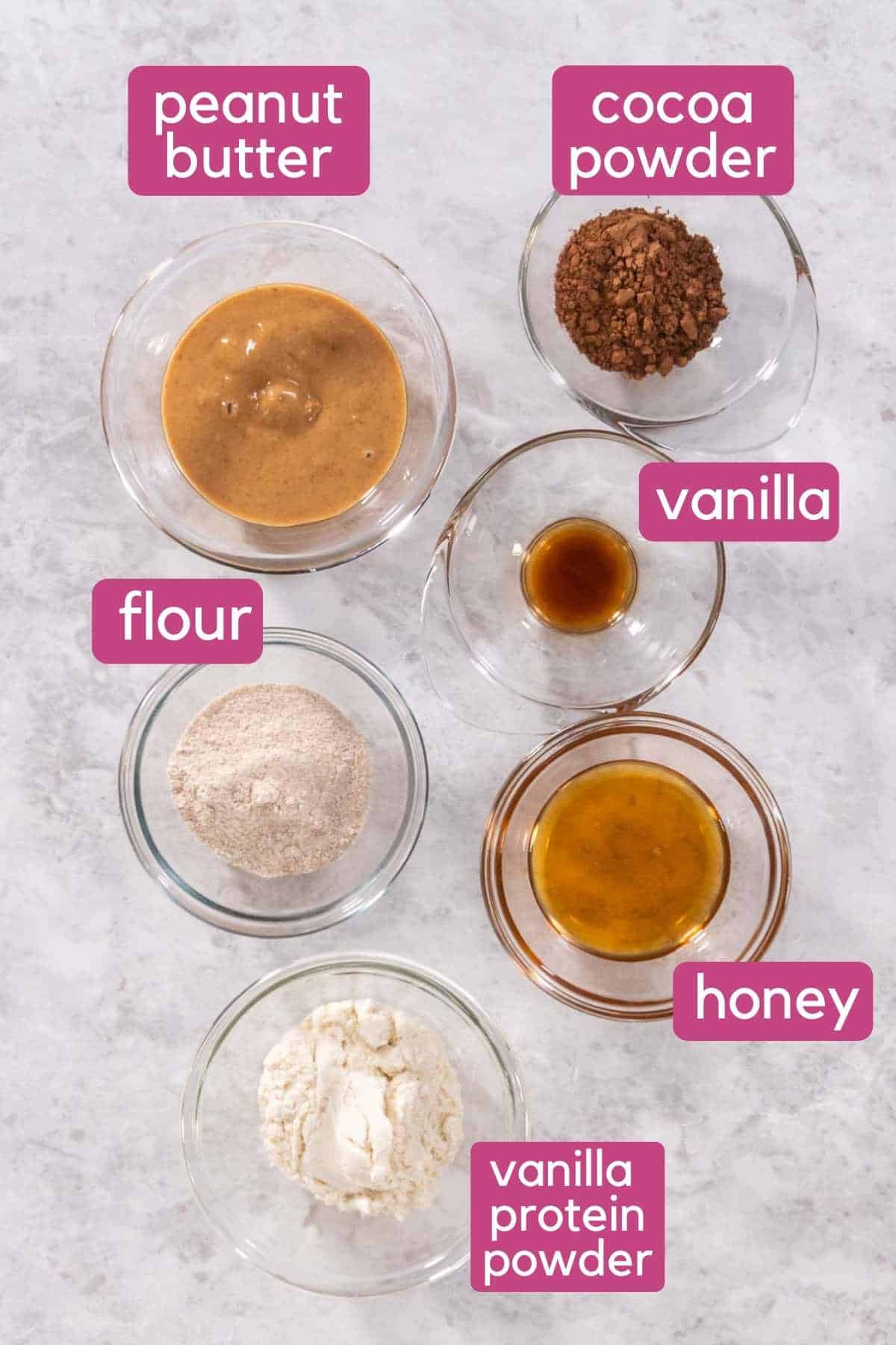 peanut butter, cocoa powder, flour, vanilla, honey, vanilla protein powder