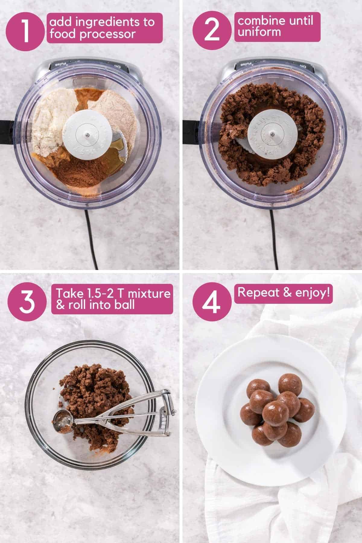 steps for making protein bliss balls with chocolate and peanut butter in food processor