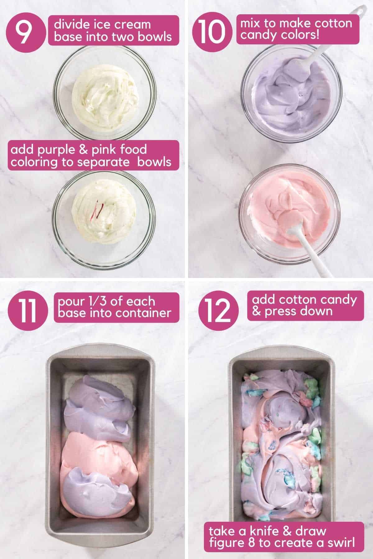 no churn cotton candy ice cream add food coloring and put into freezer safe pan.
