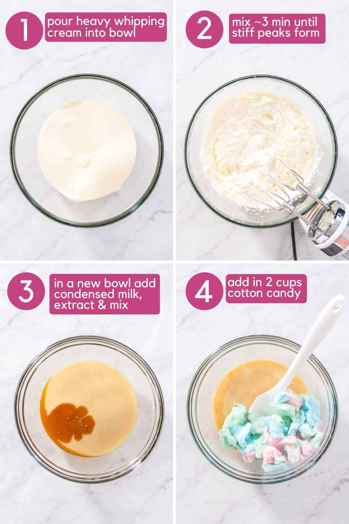 no churn cotton candy ice cream make whipped cream and condensed milk mixture then add cotton candy.