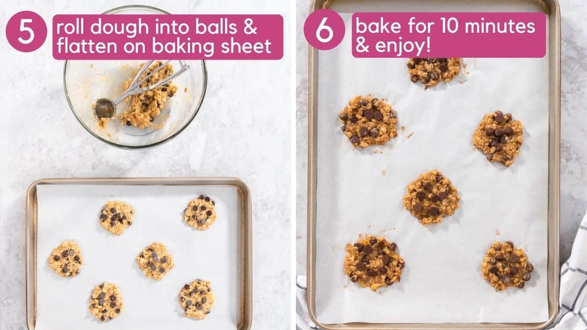 3 ingredient banana oatmeal cookies roll into balls, flatten and bake.