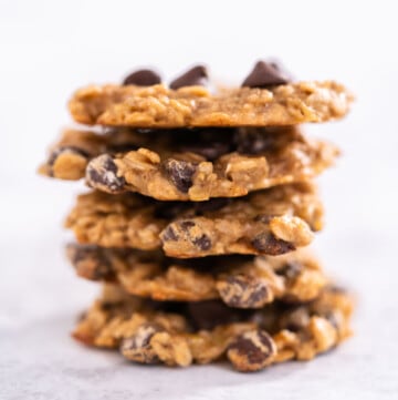 A stack of five 3 ingredient banana oatmeal cookies.