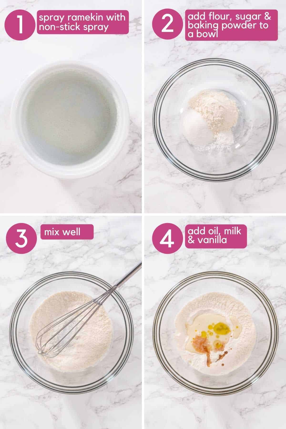 Add ingredients to a bowl for vanilla vegan mug cake.