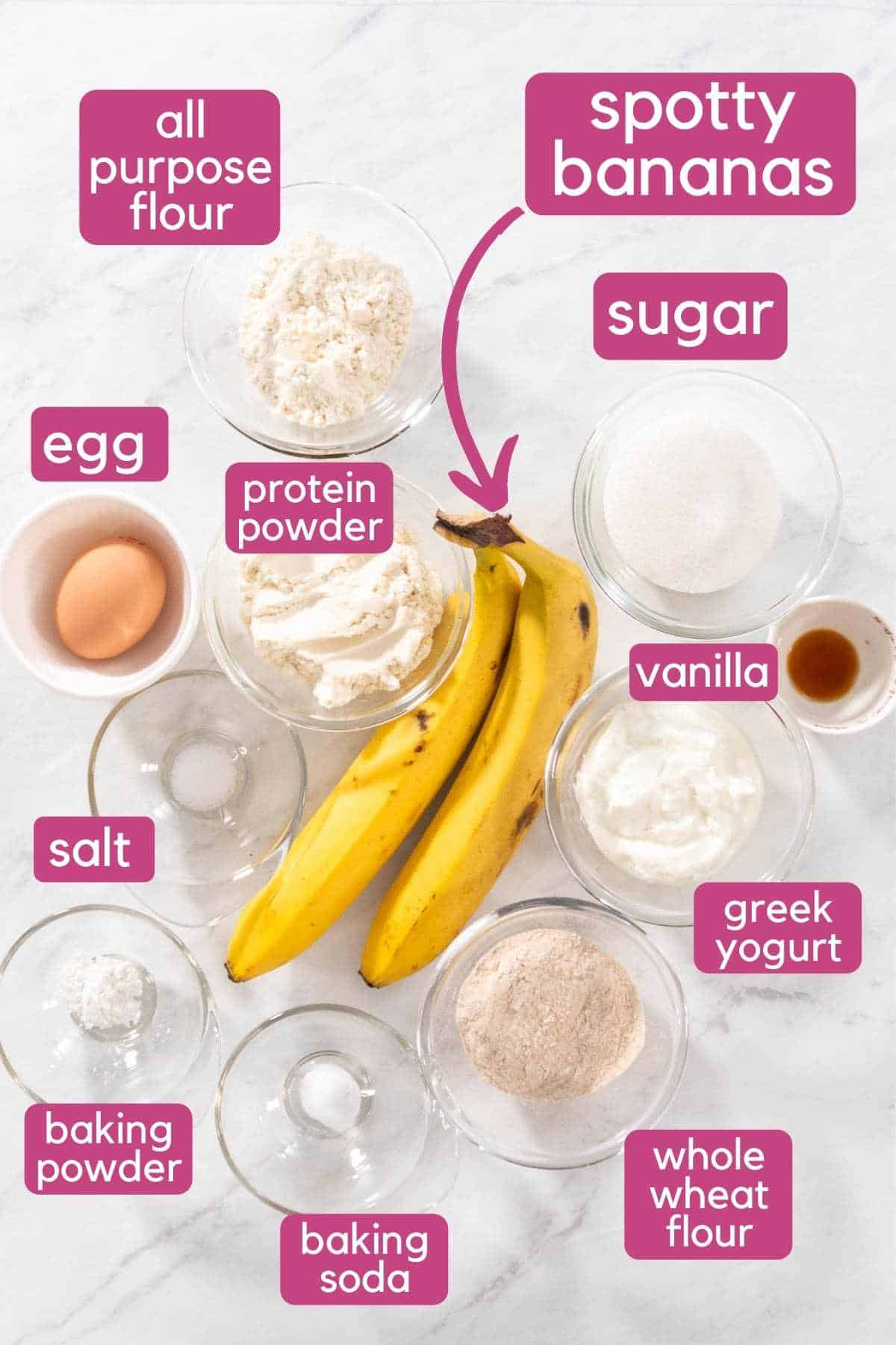 Ingredients needed, including bananas, eggs, and more