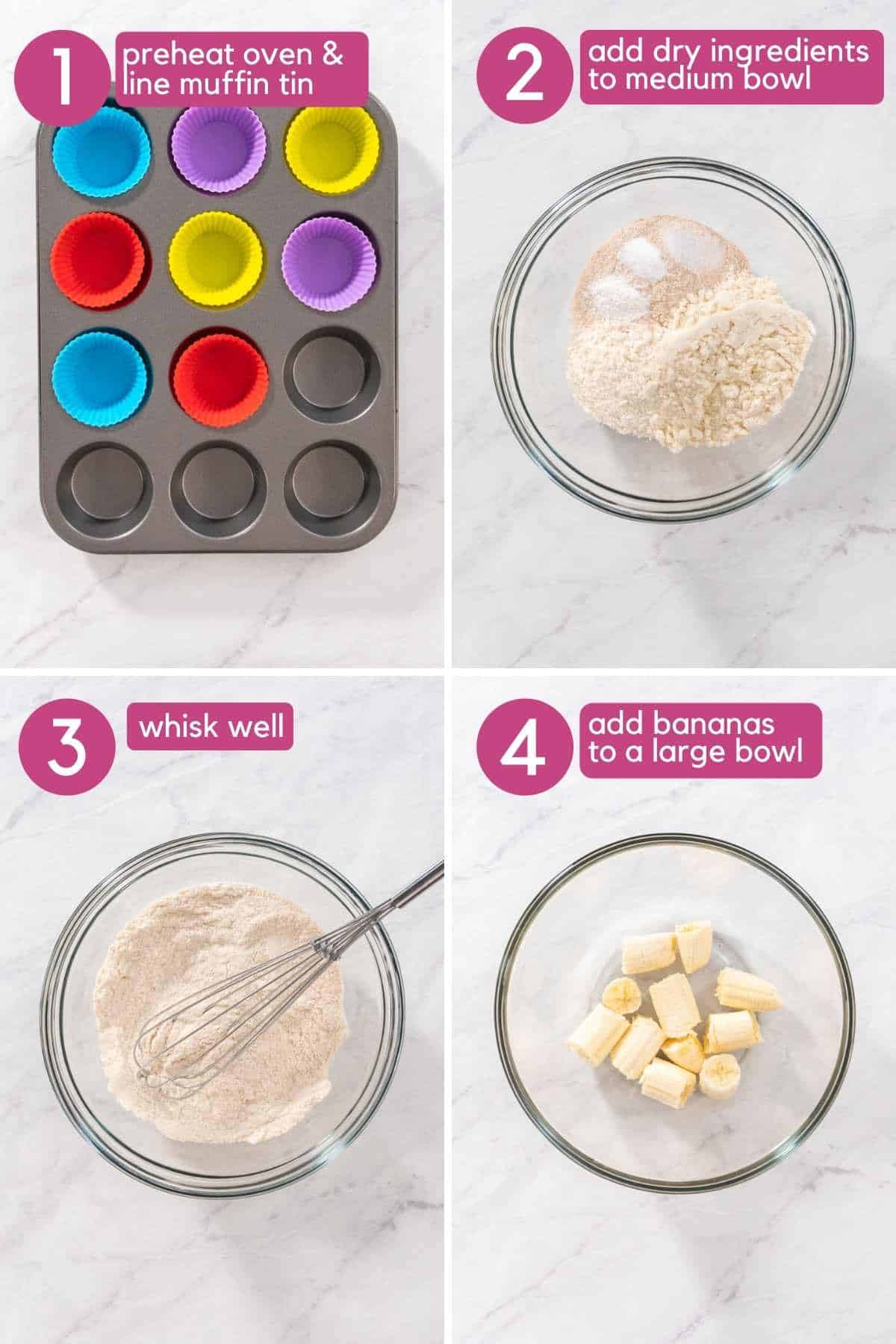 line muffin tin, add flours to bowl, and mash bananas for protein banana muffins.