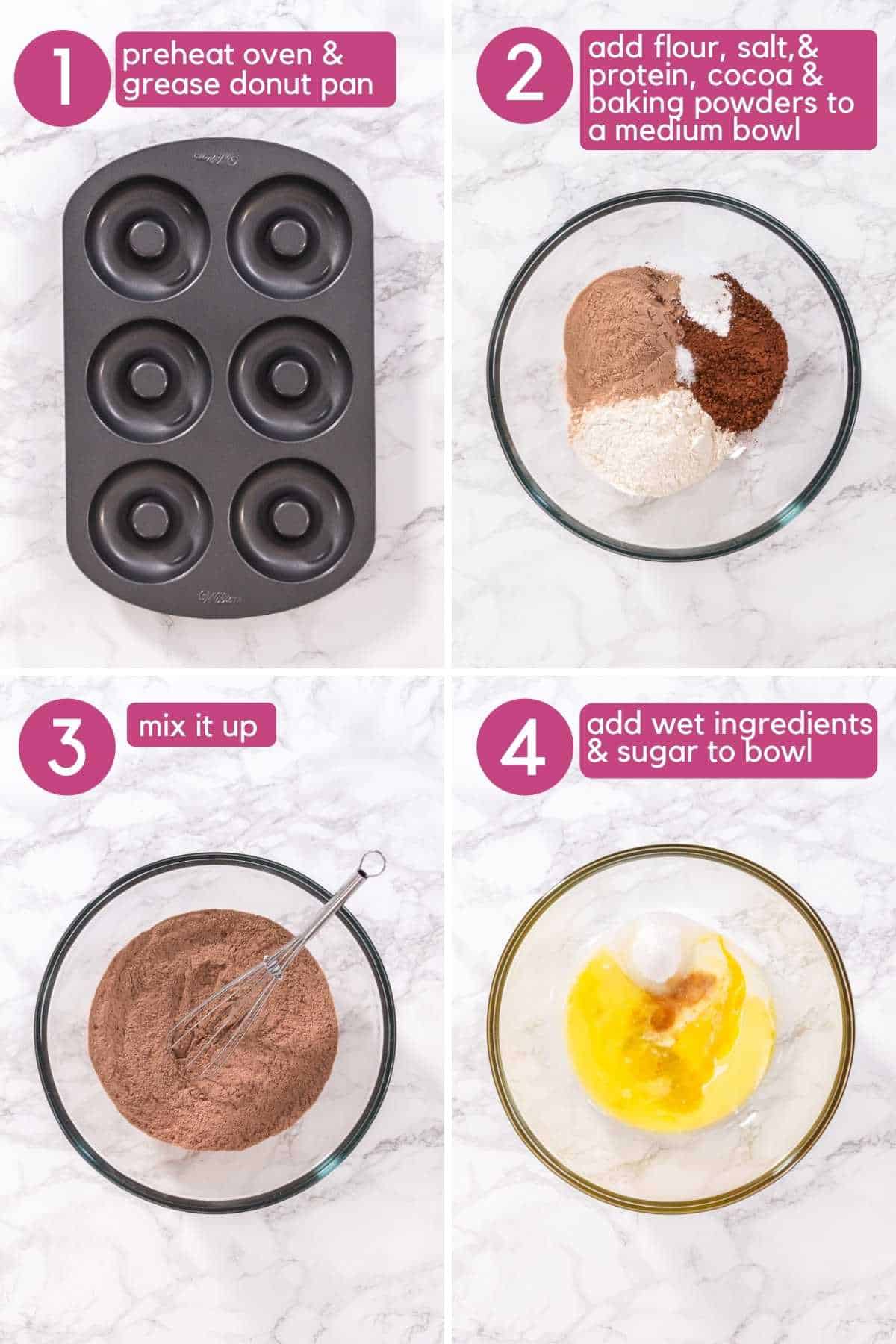 Mix dry ingredients for chocolate protein donuts.