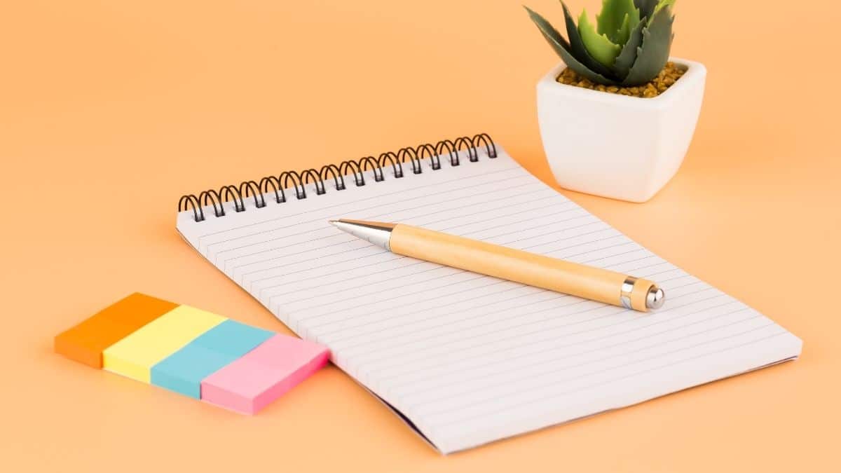 a pen and blank notepad; post it notes and succulent are nearby.