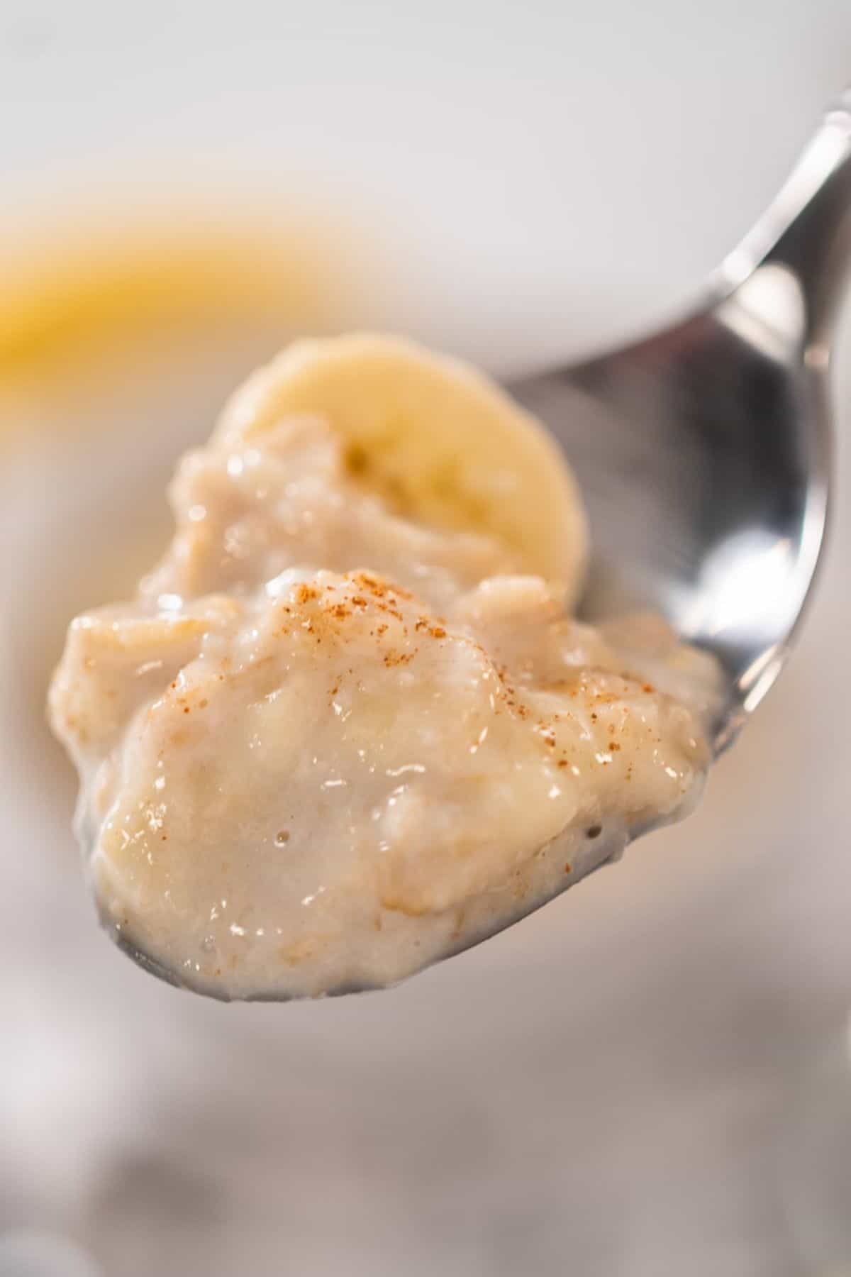 A close up spoonful of banana porridge with a dash of cinnamon and slice of banana.