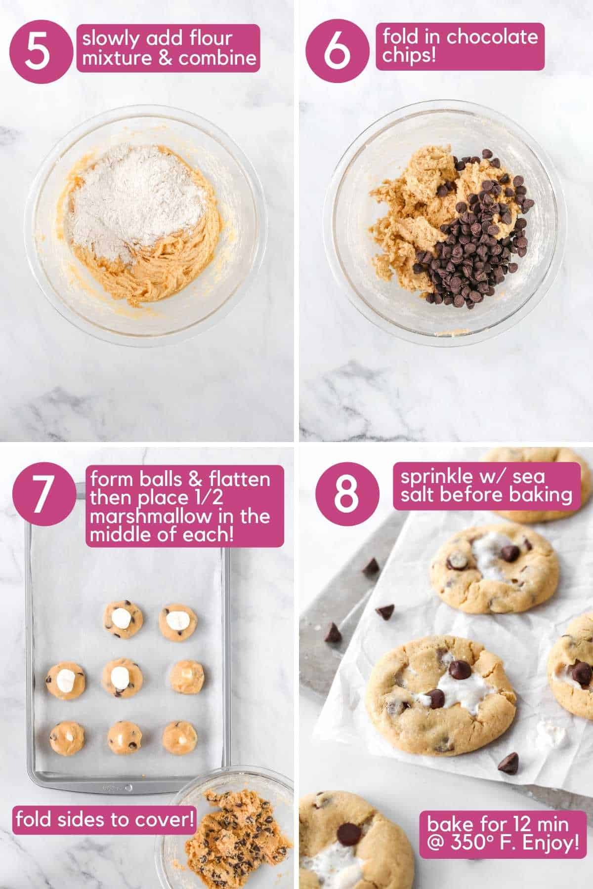 Add chocolate chips and marshmallows then bake for Chocolate Chip Marshmallow Cookie.