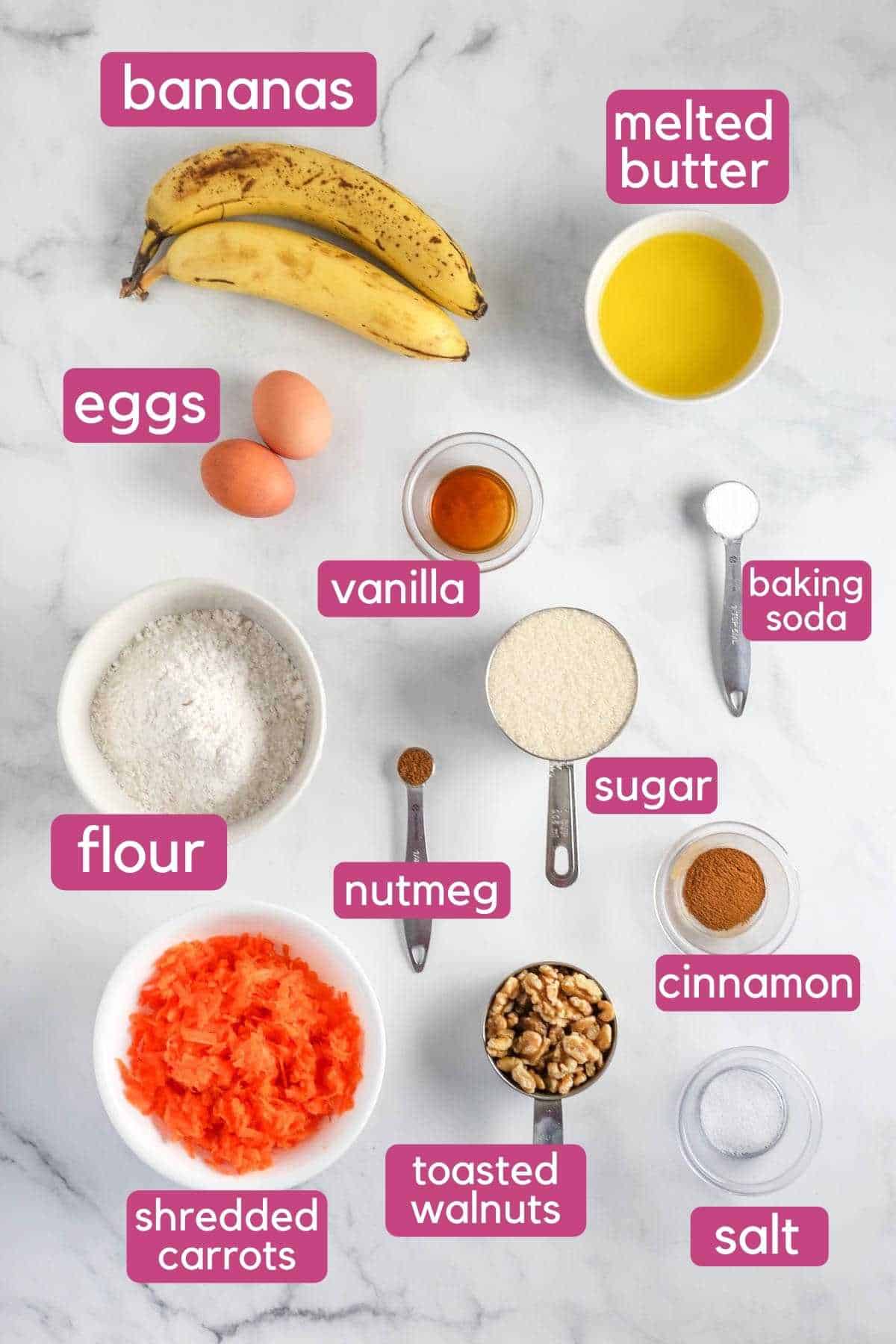 the ingredients needed to make banana carrot muffins