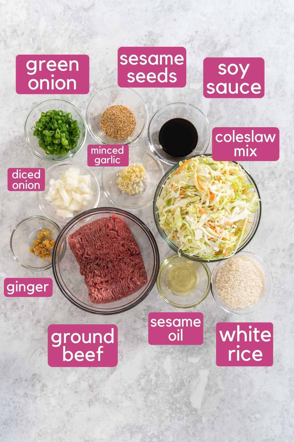 The ingredients needed to make a beef and cabbage bowl.