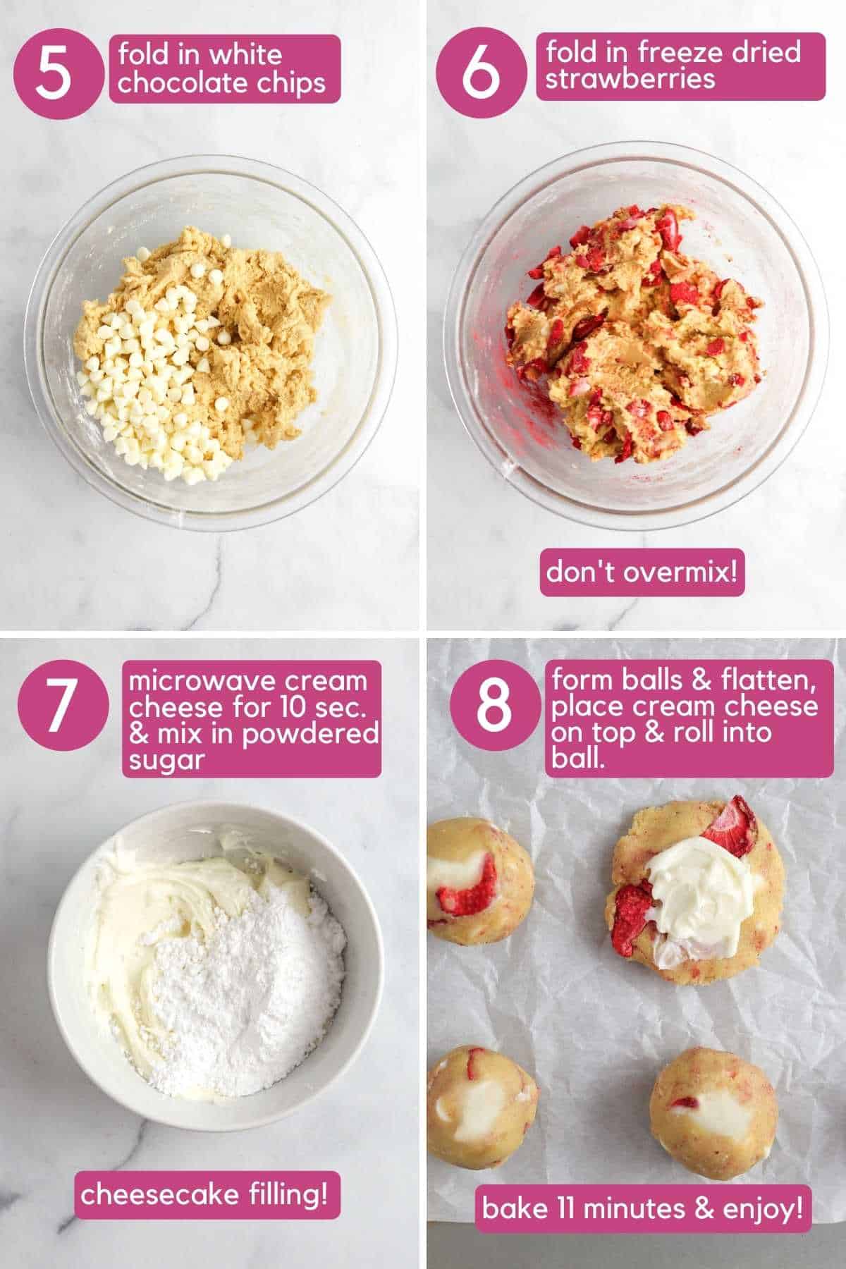 Adding strawberries to cookie dough and making a cheesecake filling.