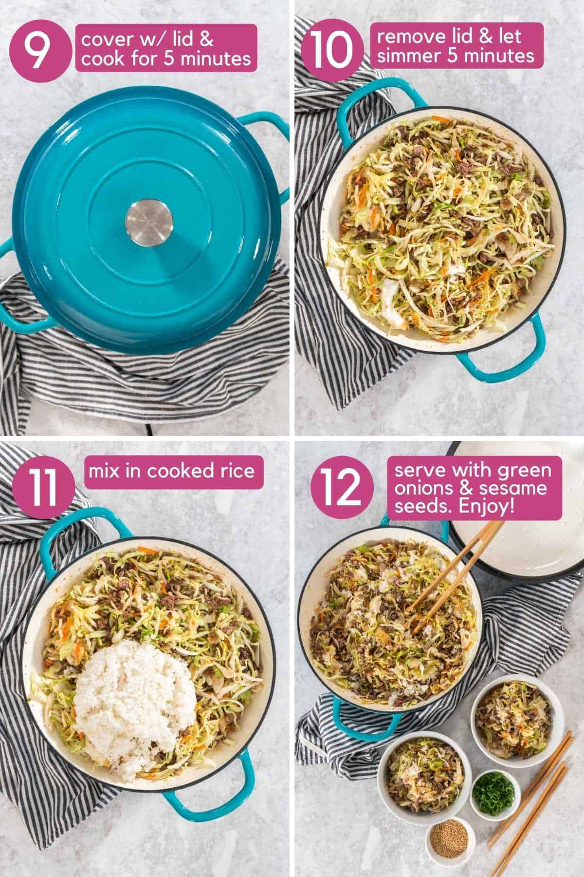 Covering a dutch oven with a lid, and then removing it to reveal a beef and cabbage mixture.