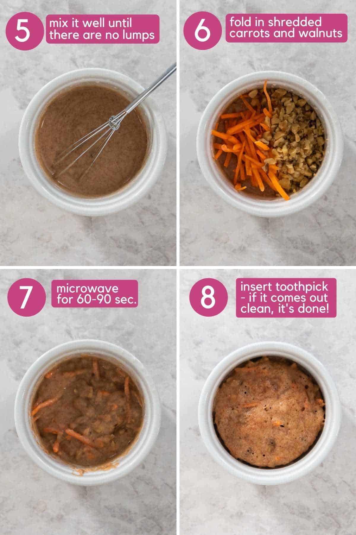 Adding the carrots and walnuts to your mug to make a single serve dessert.