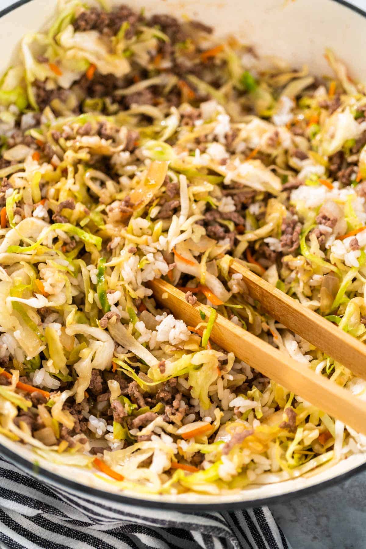 Close up of a blend of cabbage and beef.