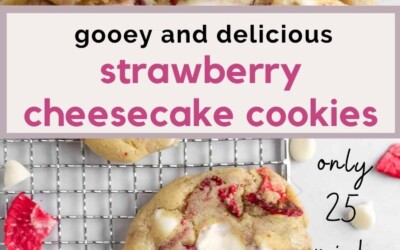 Cookies filled with cheesecake filling and freeze dried strawberries.