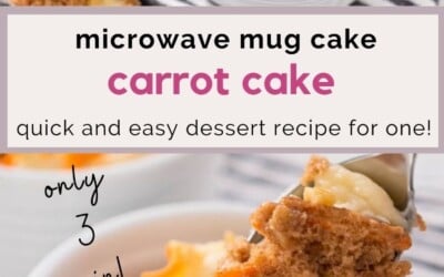 A mug cake in a ramekin, with shredded carrot sticking out. The text overlay reads: microwave mug cake - Carrot Cake.