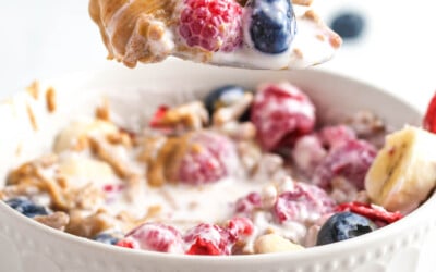 A spoonful of smoothie cereal with berries.