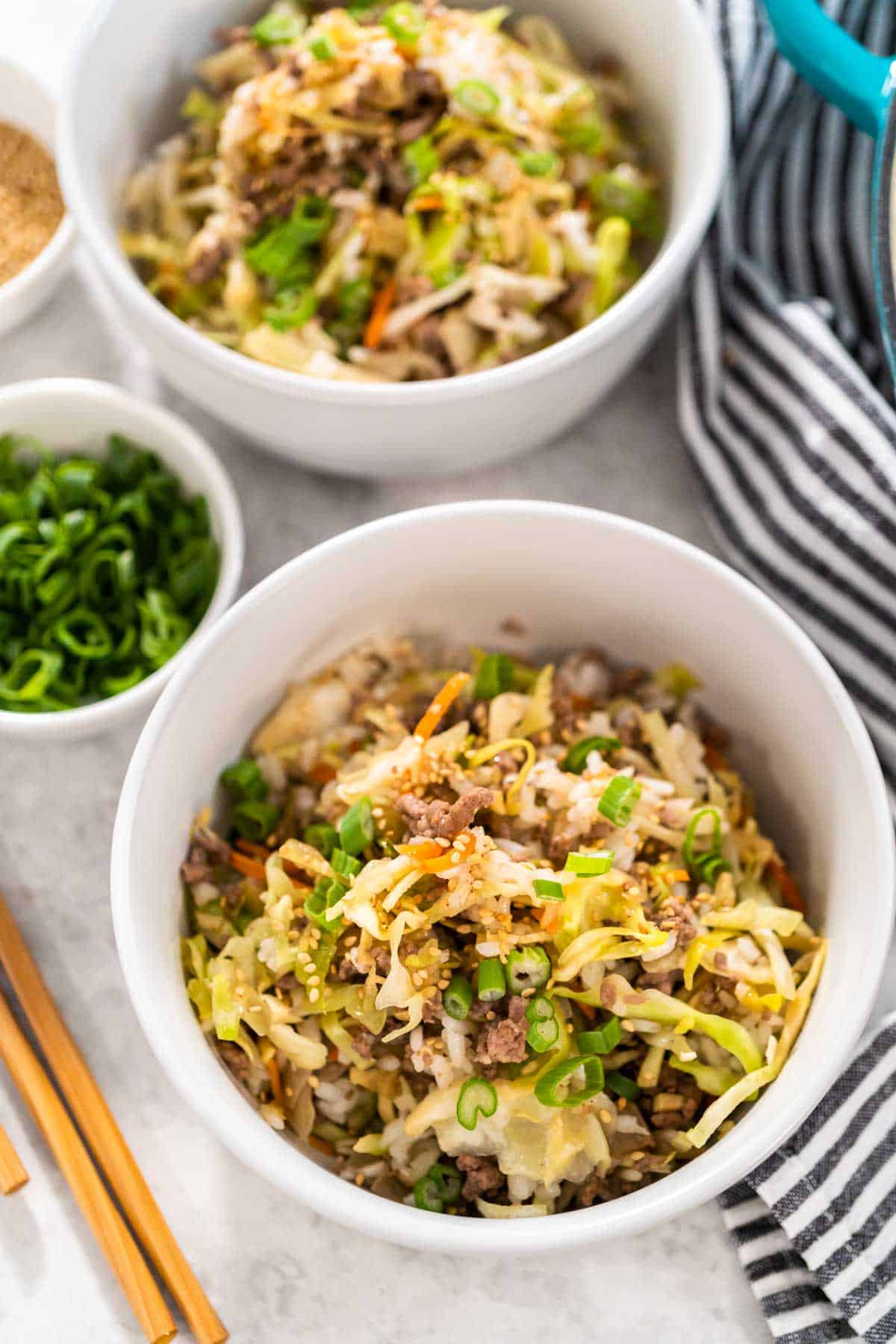 Two bowls egg roll in a bowl