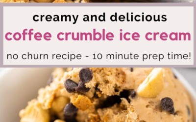 Several scoops of ice cream in a bowl, with a text overlay that reads: creamy and delicious coffee crumble ice cream.