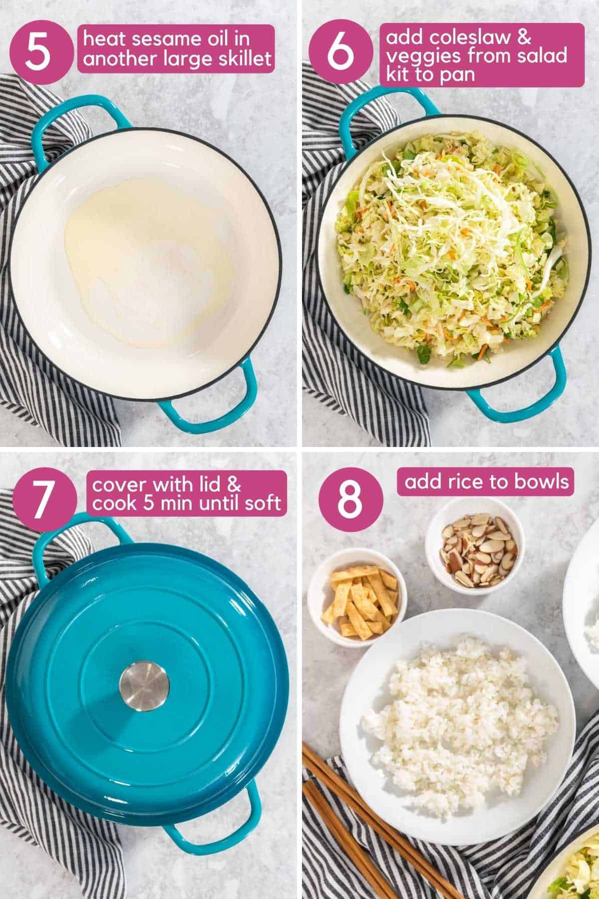 Adding coleslaw, veggies, and rice to a dutch oven to cook.
