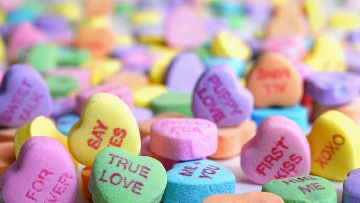 pile of heart shaped candies.