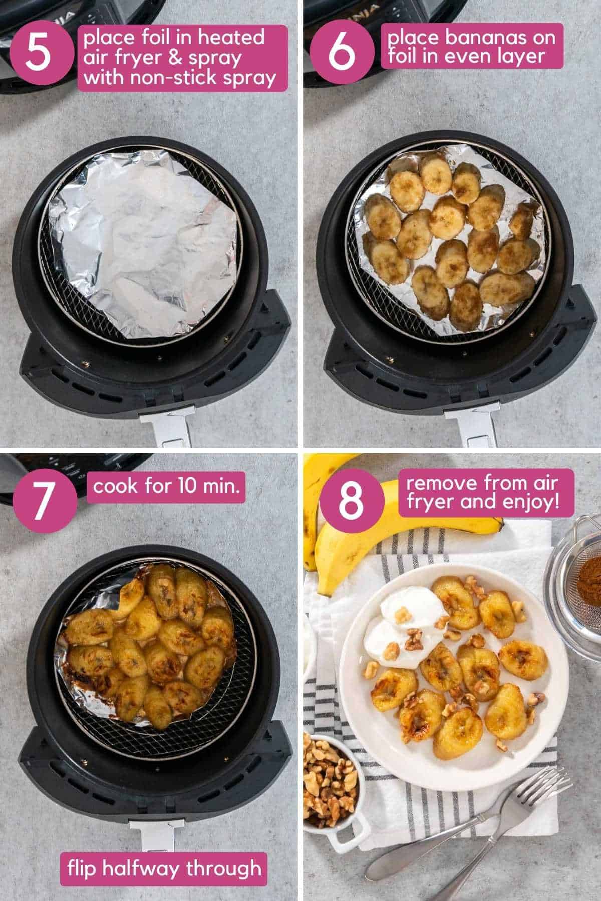 Adding bananas to an air fryer, and cooking them until caramelized.