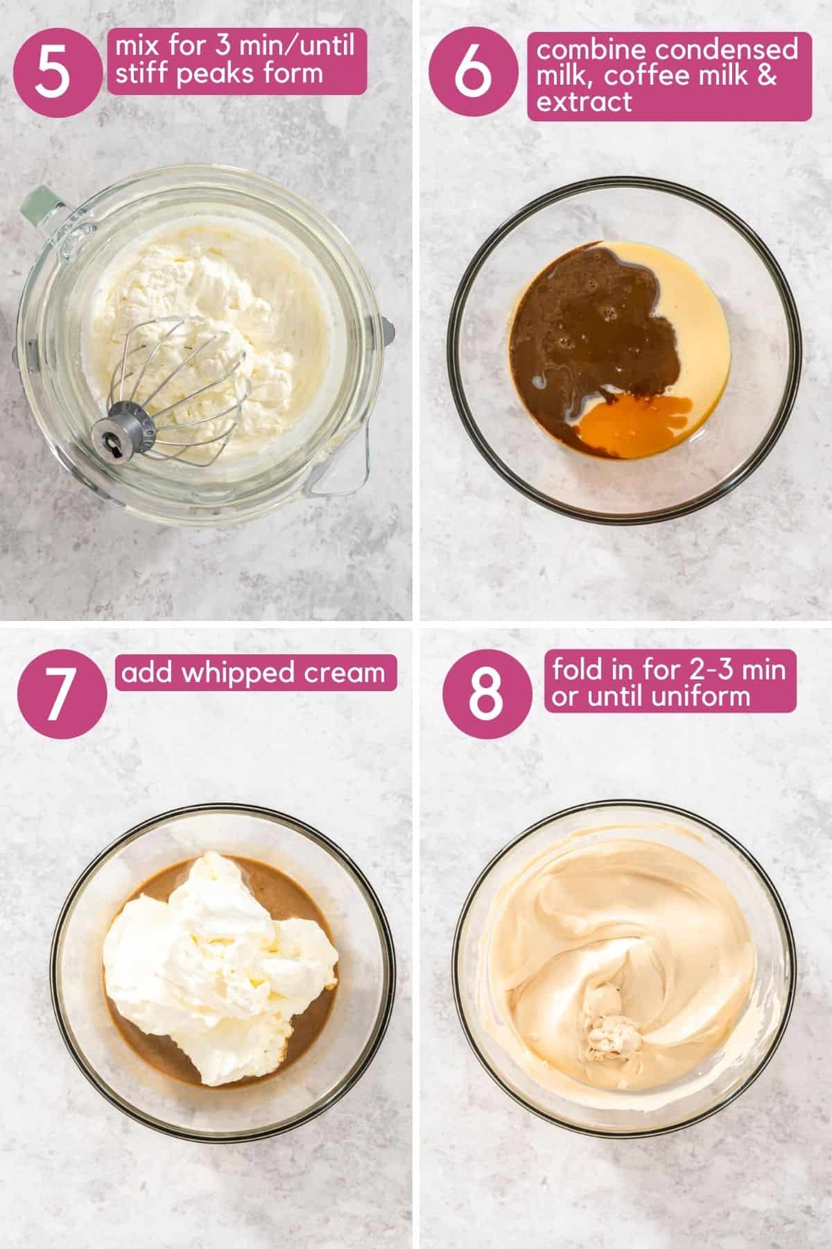 Combining a homemade ice cream base with whipped cream.