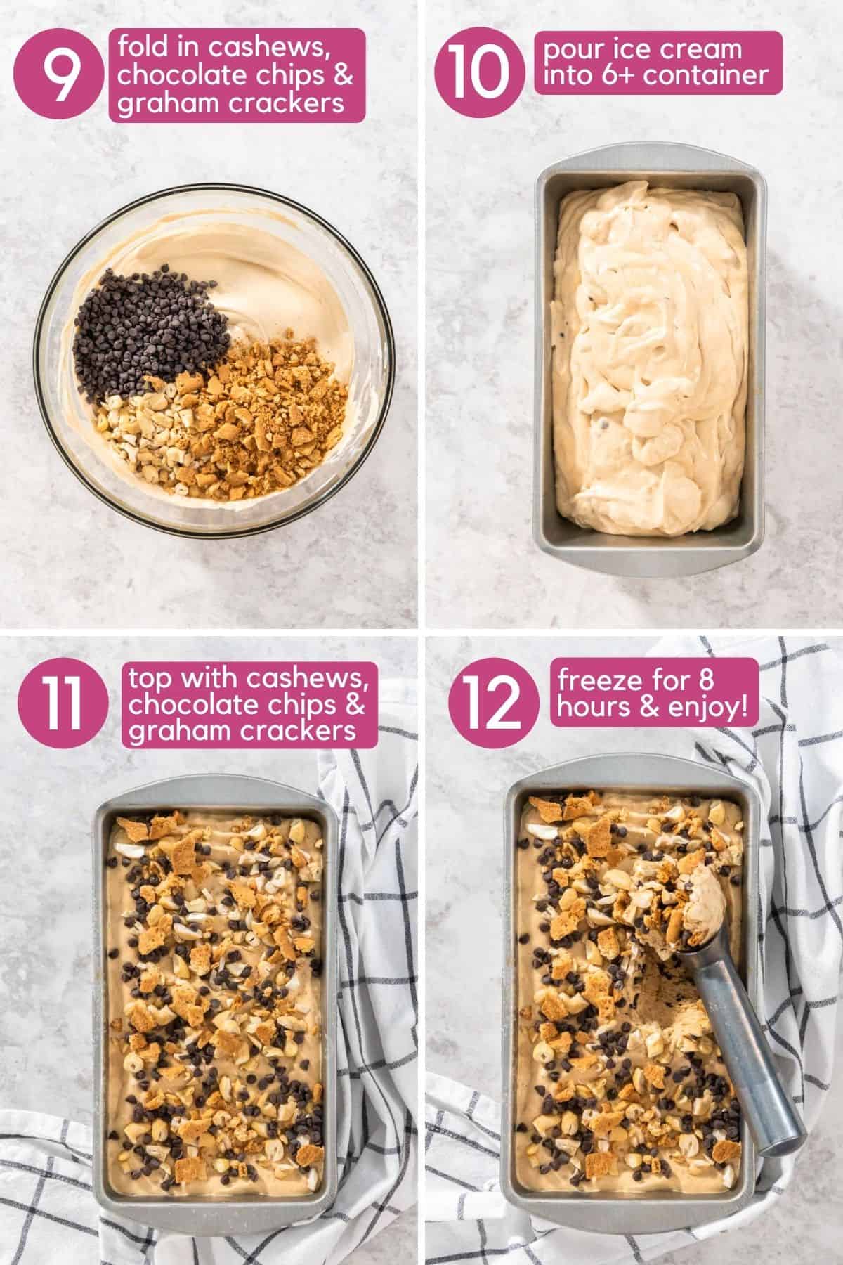 Adding mix-ins to an ice cream base, and spreading into a loaf pan.