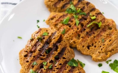 Two seitan chicken cutlets with grill marks.