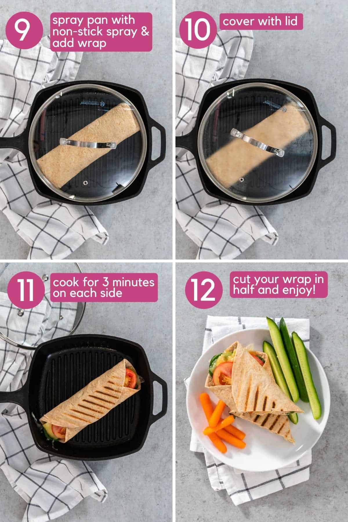 Adding a tuna wrap to a griddle pan to cook and melt the cheese.