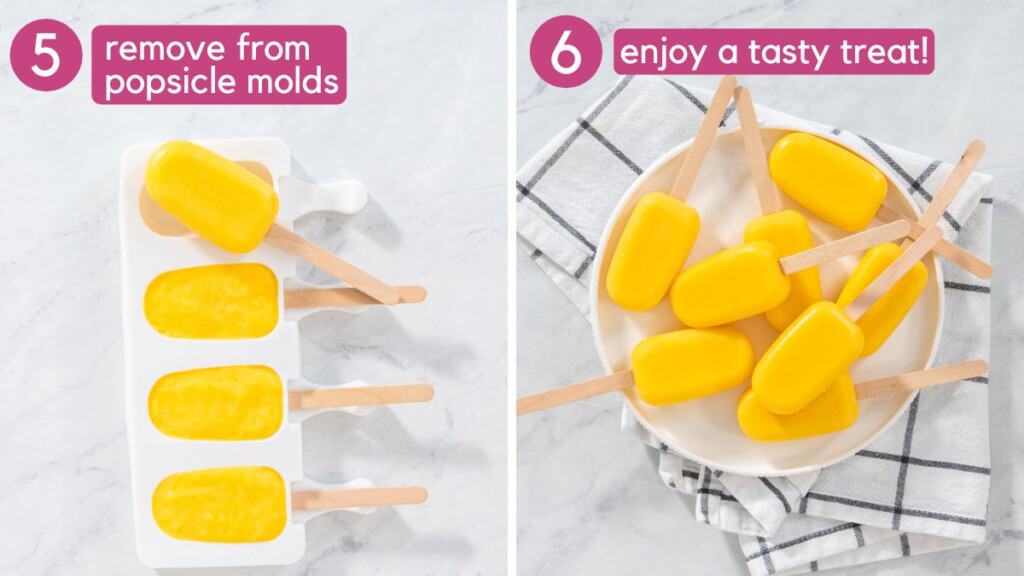 Removing mango pops from popsicle molds, and placing on a plate to serve.