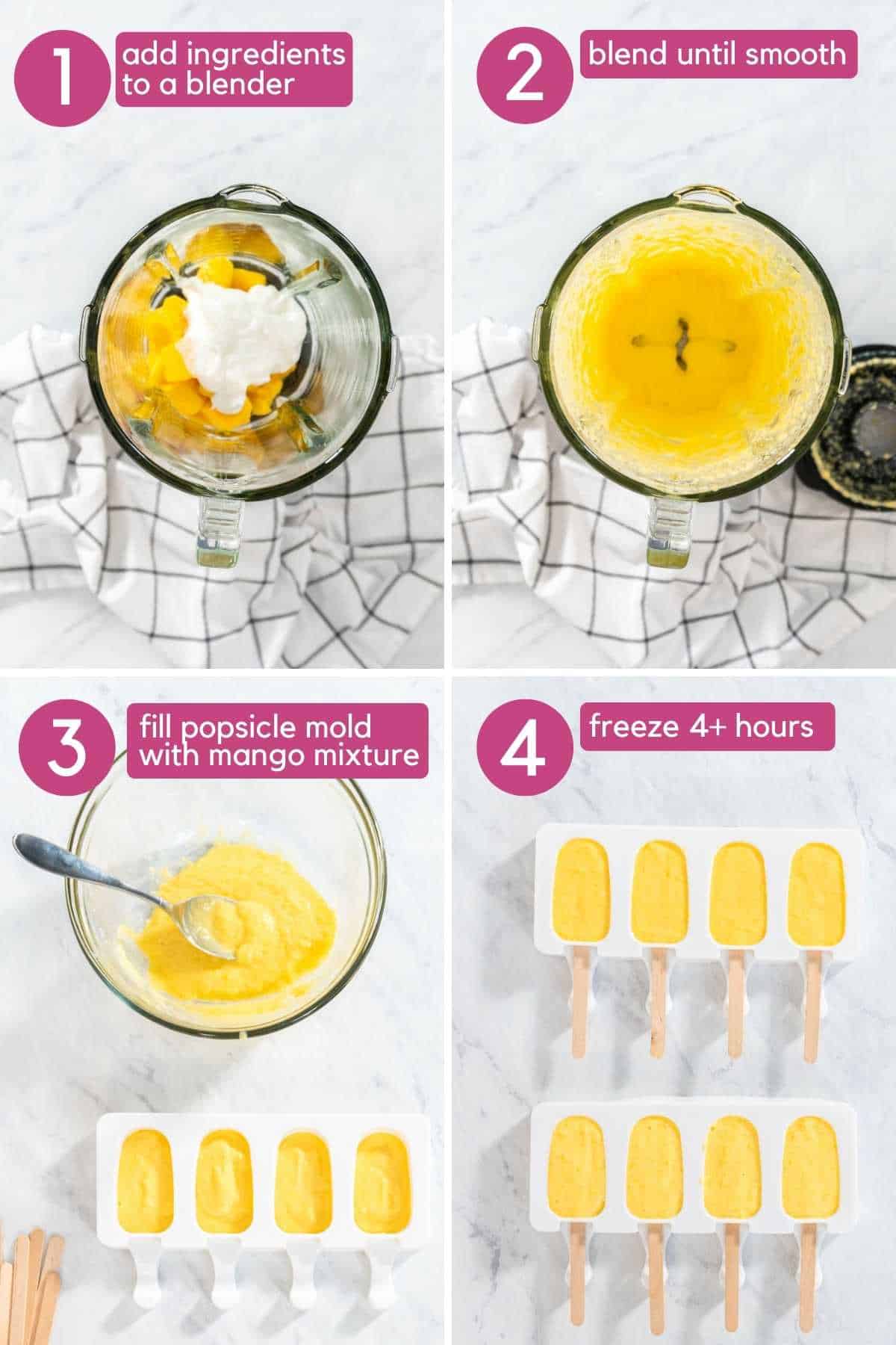 Blending frozen mango and greek yogurt and pouring into popsicle molds.