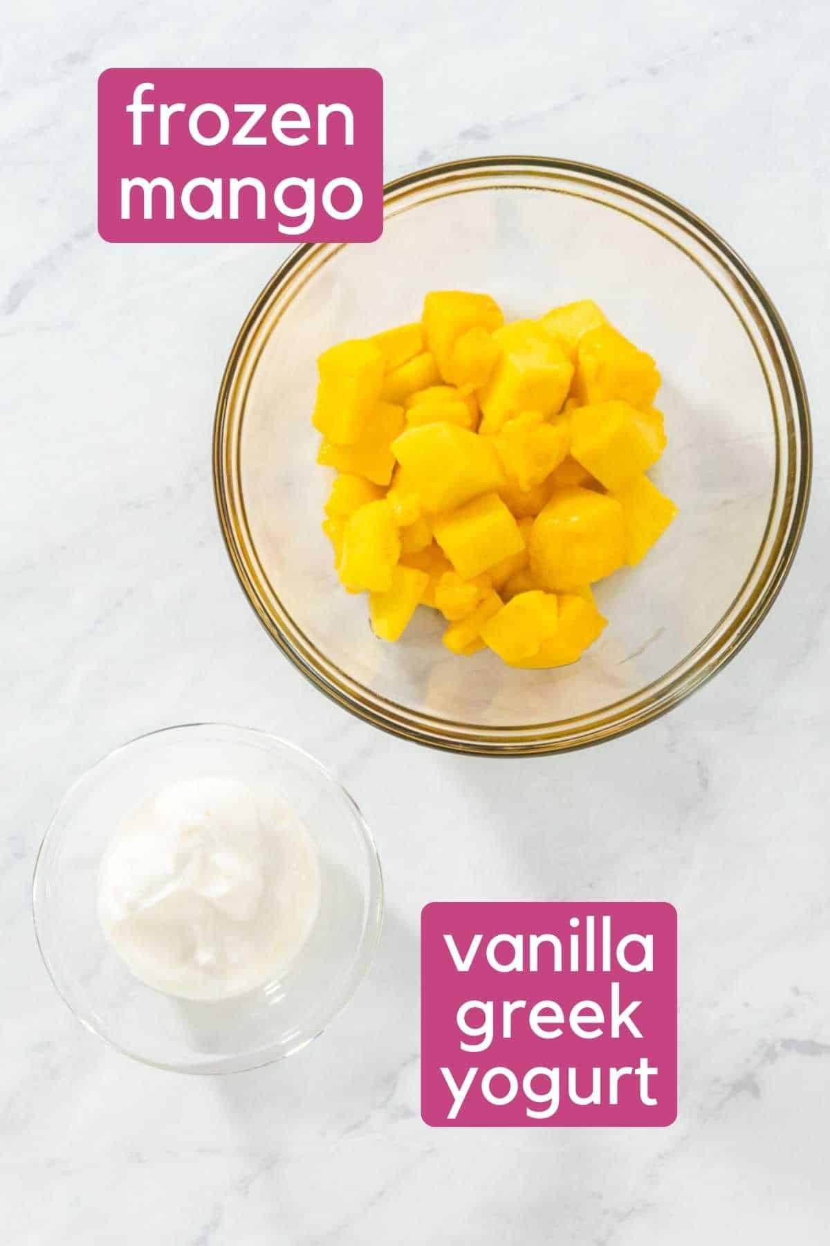 The ingredients needed to make mango pops: frozen mango chunks and vanilla greek yogurt.
