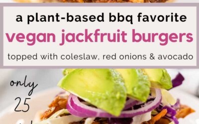 A close up on a jackfruit burger, topped with veggies.