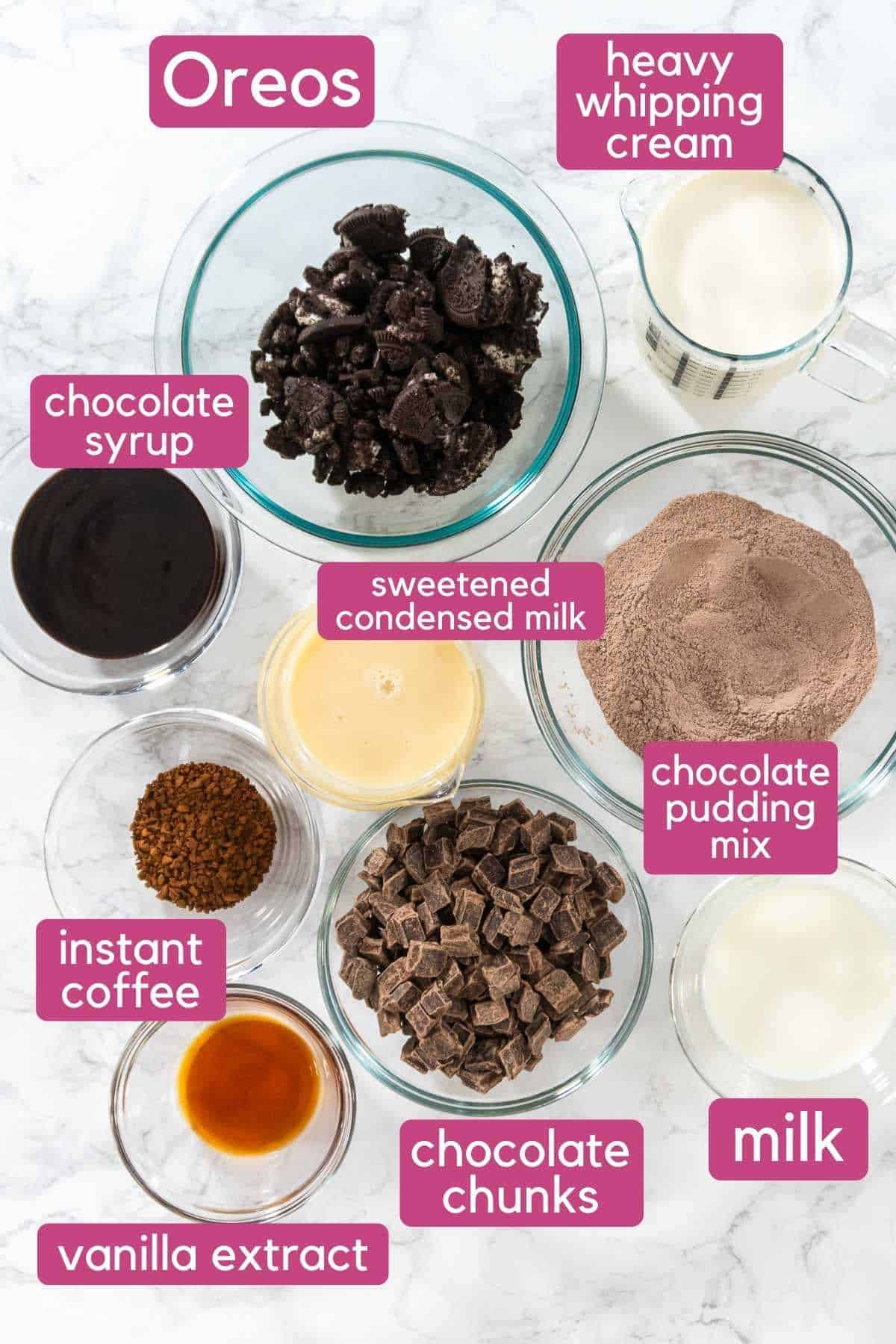 The ingredients needed to make Mississippi mud ice cream, including heavy cream and chocolate chips.