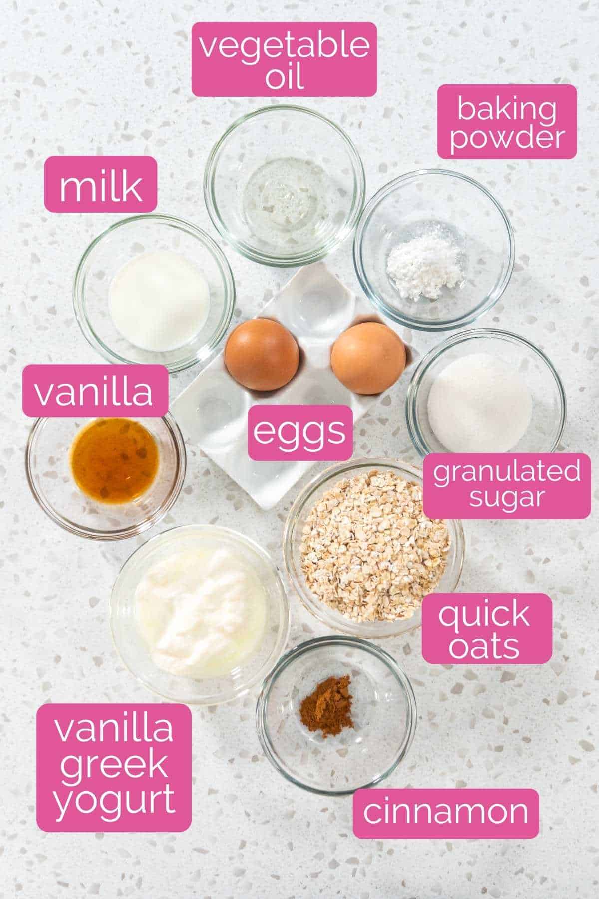 The ingredients needed to make oat flour waffles, including eggs, oats, and oil.