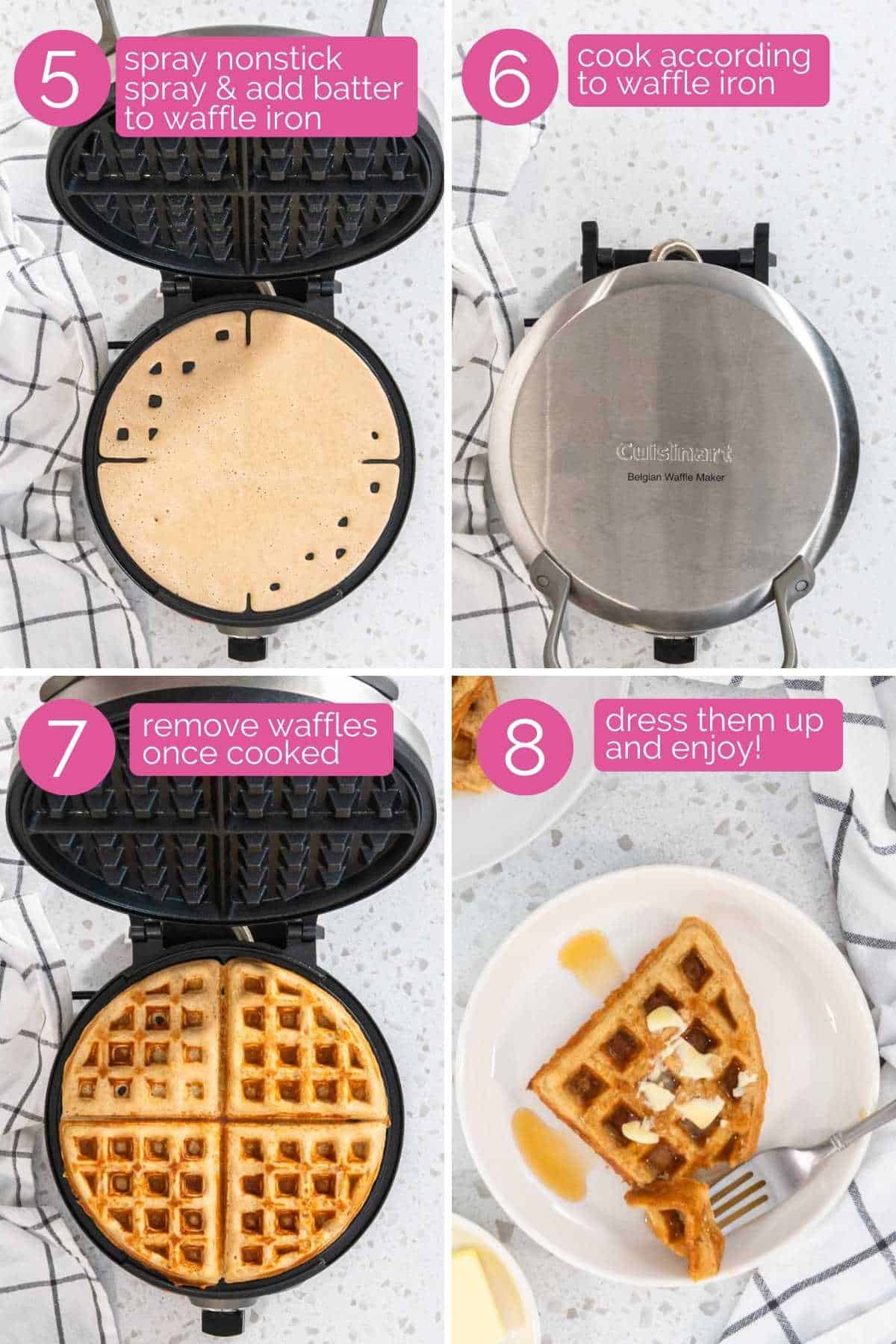 Adding batter to a hot waffle iron.