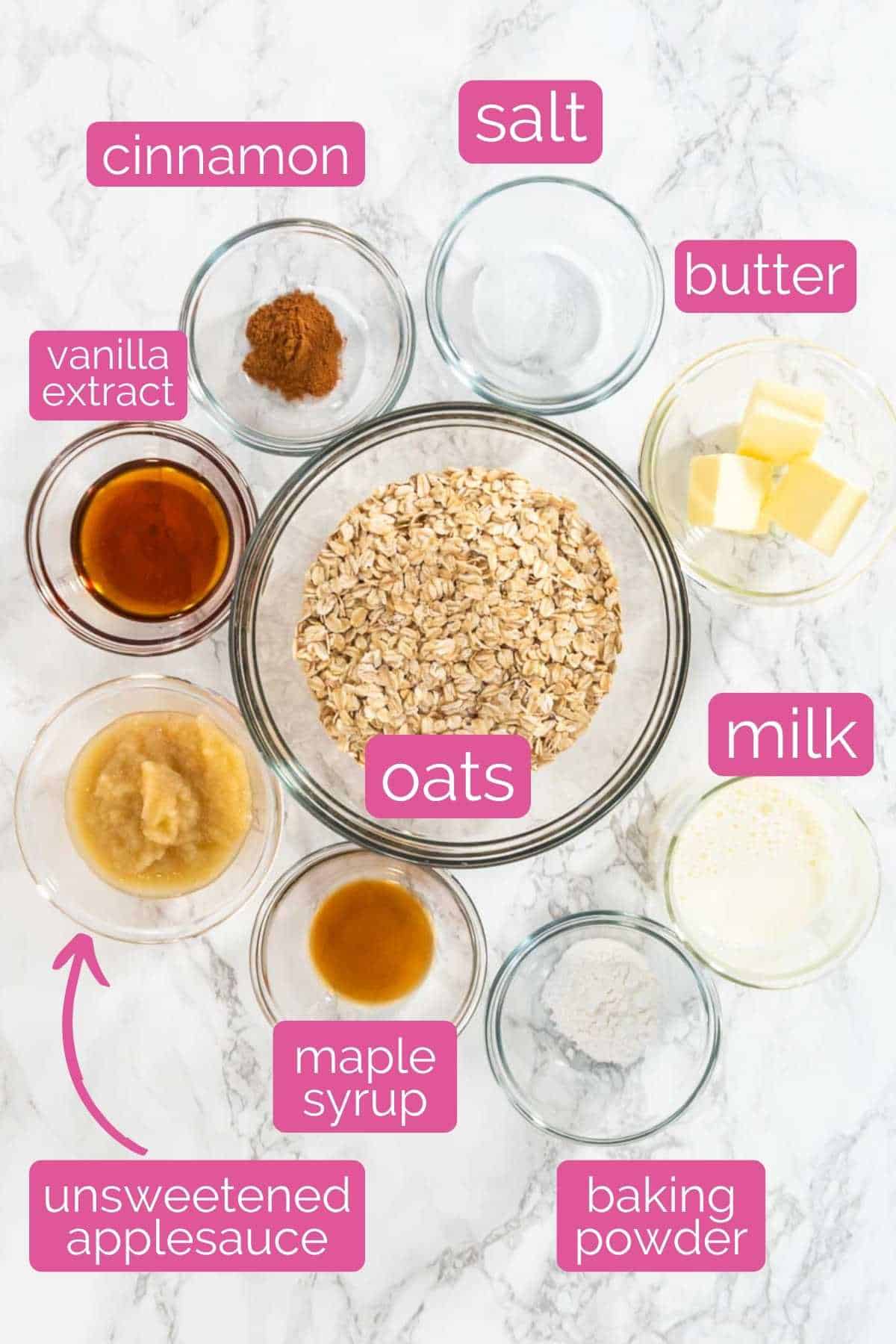 An assortment of ingredients needed to make baked oats.