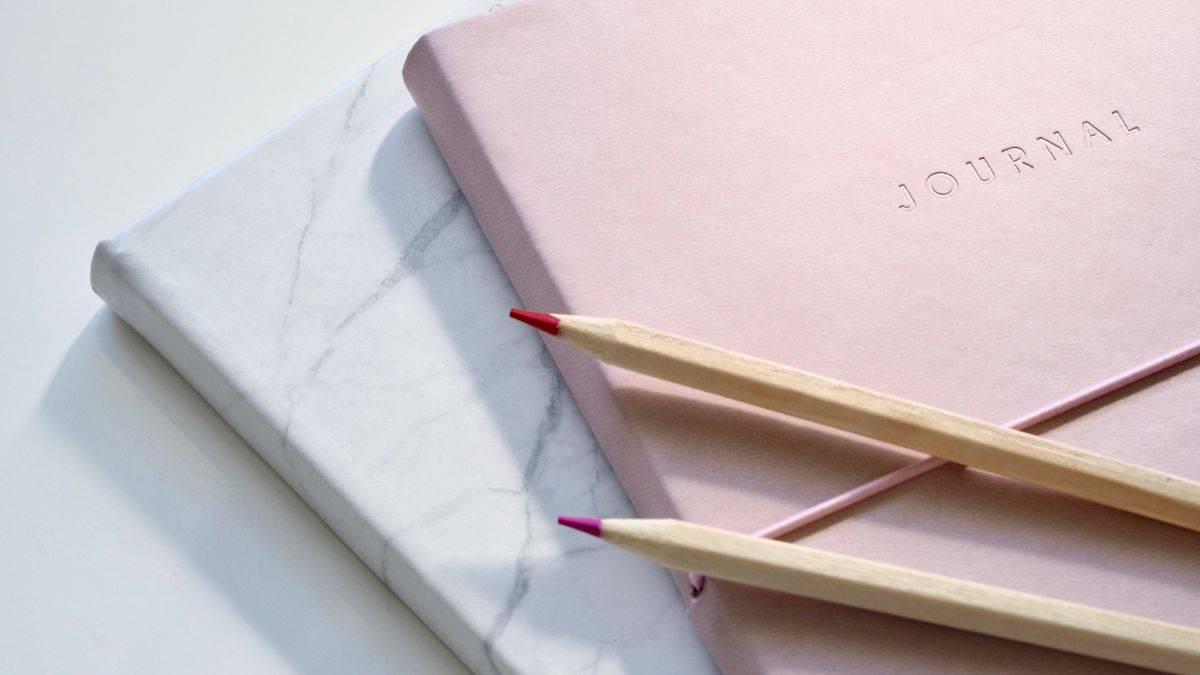 two journals on a white background with pink colored pencils on top.