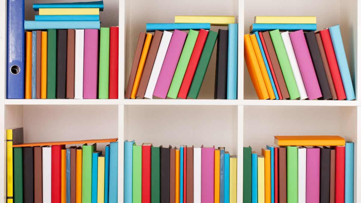 A colorful collection of books on a white bookcase.